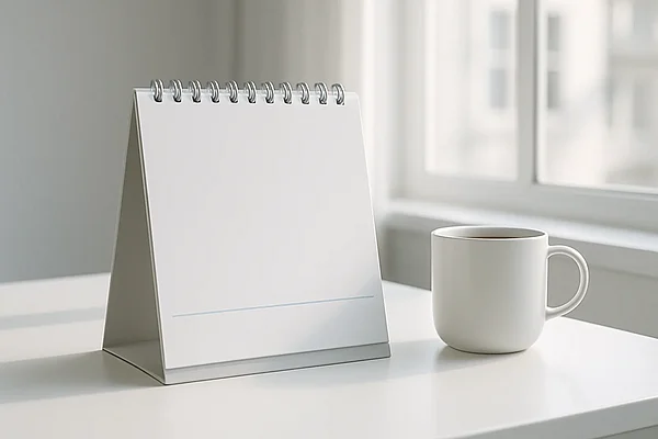 Steuertermine Heller Kalender und Kaffeetasse auf dem Schreibtisch