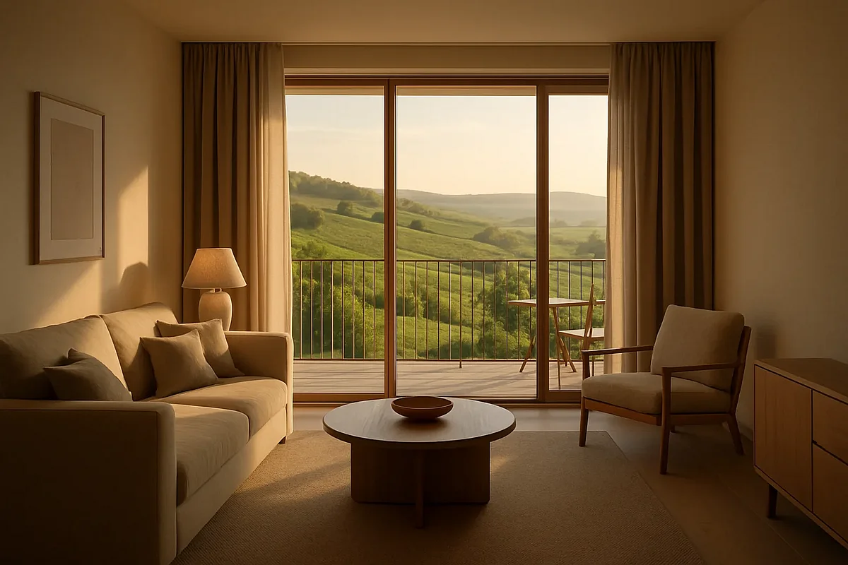 Wohnzimmer einer Ferienwohnung mit Balkonblick über Weinberge im Rheingau bei Abendlicht