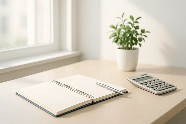 Coaching Heller Schreibtisch mit Notizbuch und Pflanze