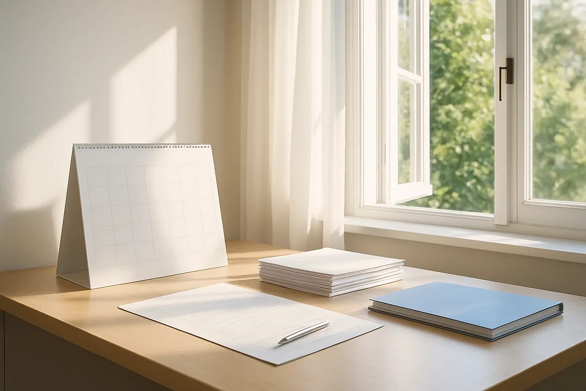 Heller Sommer-Schreibtisch mit Kalender